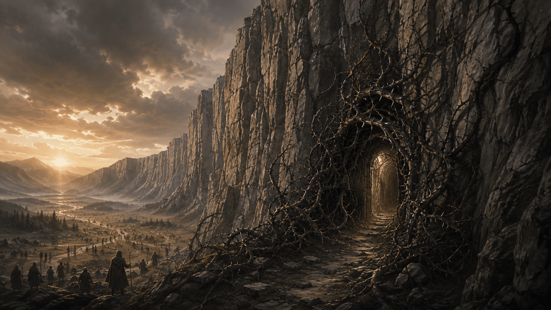 Ein schmaler Pfad führt zu einem geheimnisvollen Tunnel in einer Felswand, der von verflochtenen Wurzeln überwuchert ist. In der Ferne sind bei Sonnenuntergang Gestalten in einem weiten Tal zu sehen, über den hoch aufragenden Felswänden ziehen dramatische Wolken dahin.