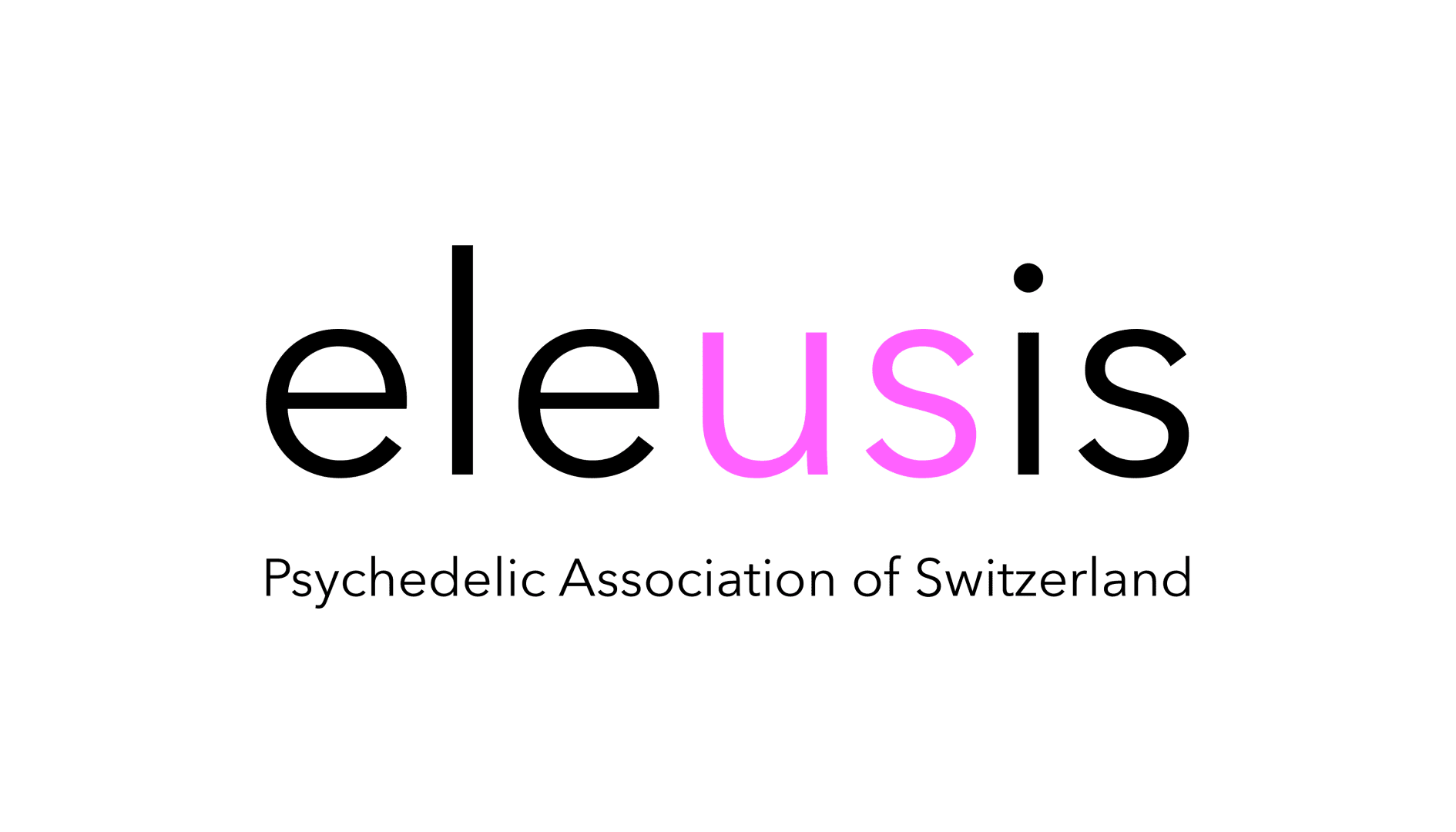 Das Bild zeigt das Wort „Eleusis“ in Rosa und darunter den Text „Psychedelic Association of Switzerland“ in Schwarz auf hellem Hintergrund.