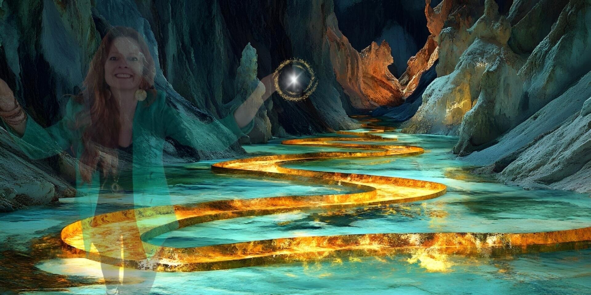Ein leuchtender, goldener Pfad windet sich durch eine felsige, höhlenartige Landschaft mit blau-grünem Wasser. Eine durchscheinende Frau in Grün hält eine leuchtende Kugel, die magisch oder ätherisch wirkt.
