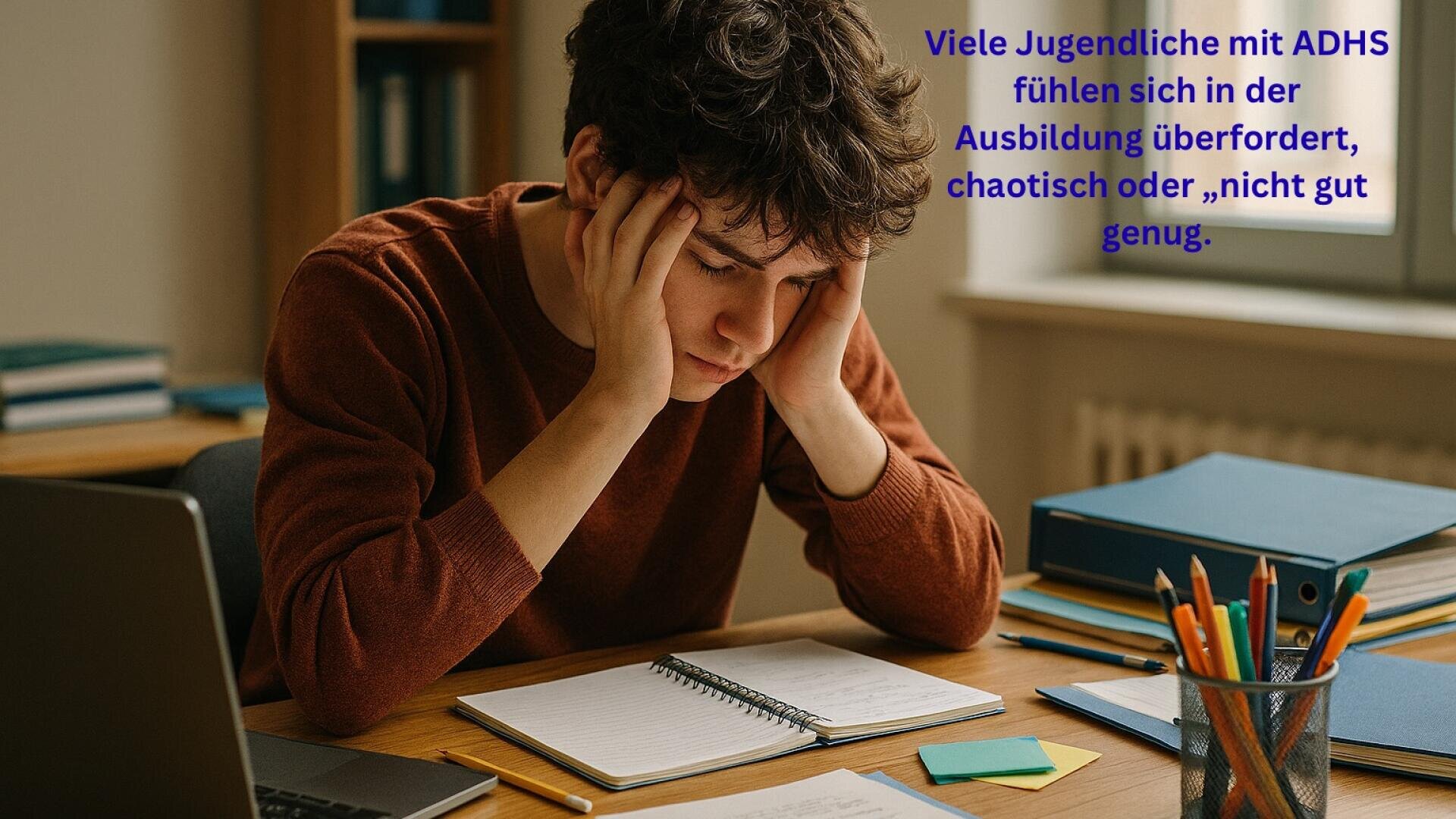 Ein junger Mensch sitzt an einem Schreibtisch, stützt den Kopf in die Hände und wirkt gestresst. Offene Hefte, Stifte und Bücher liegen auf dem Schreibtisch. Der deutsche Text daneben beschreibt, dass sich viele Jugendliche mit ADHS in der Schule überfordert oder unzulänglich fühlen.