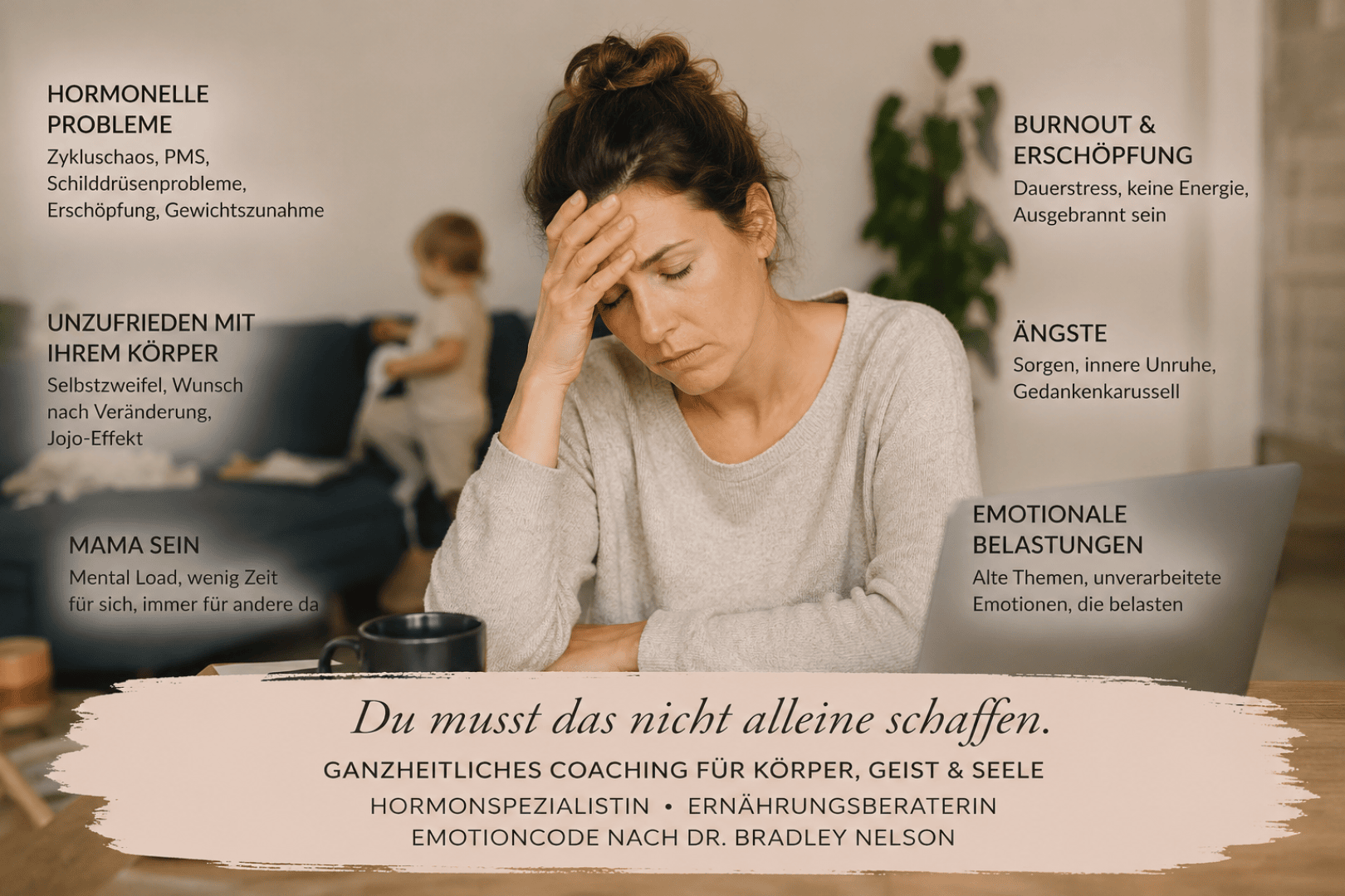 Eine Frau sitzt an einem Tisch, den Kopf in die Hand gestützt, und wirkt gestresst. Um sie herum sind Probleme wie hormonelle Störungen, Burnout, Angstzustände und emotionaler Stress aufgeführt. Darunter wird ganzheitliches Coaching und Unterstützung angeboten.