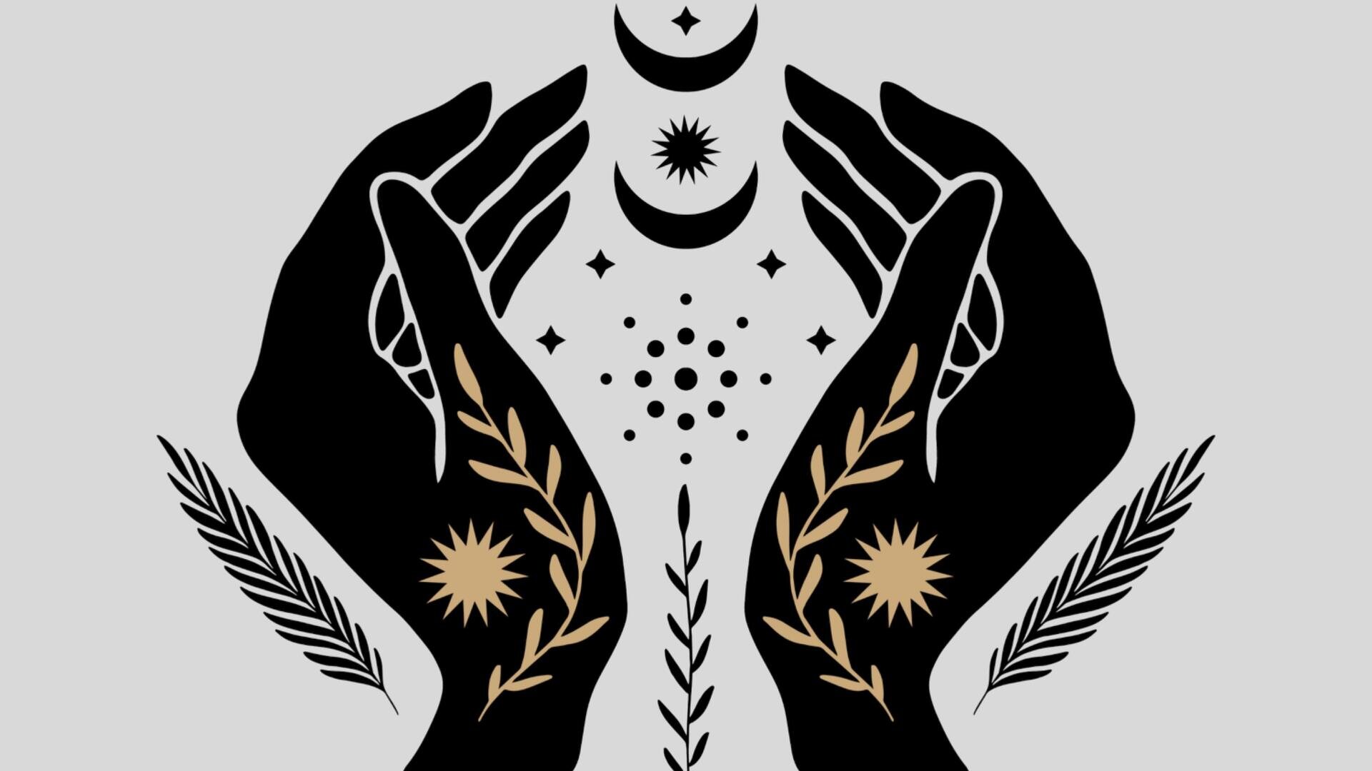 Zwei schwarze Hände mit Blattgold- und Sonnenmotiven sind um eine Mondsichel, Sterne und eine Ansammlung von Punkten auf grauem Hintergrund geschröpft. Dekorative Blätter umrahmen die Seiten und die Mitte des Bildes.