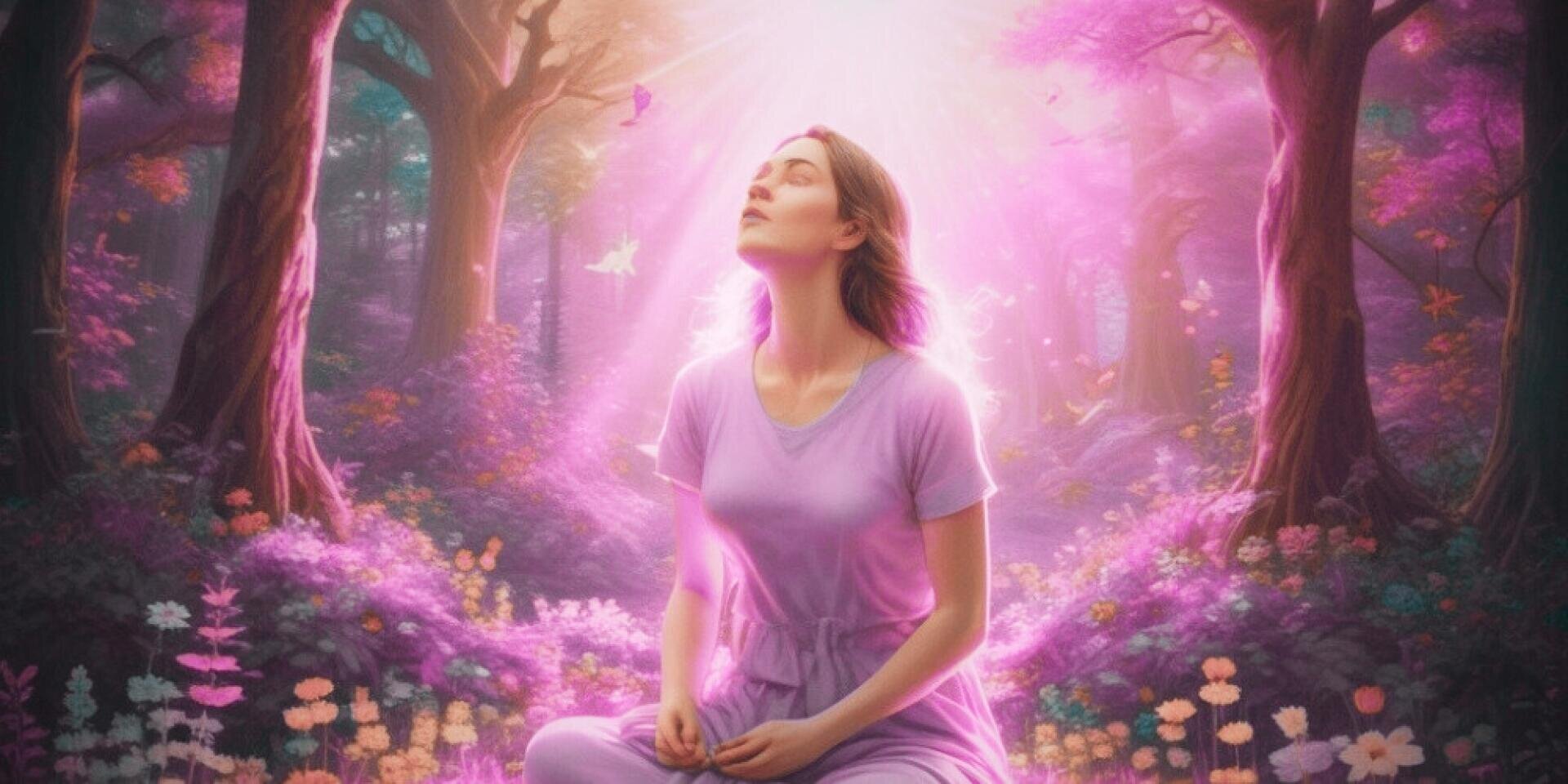 Eine Frau in lavendelfarbenem Gewand sitzt friedlich in einem sonnenbeschienenen Zauberwald, umgeben von violetten Blumen, leuchtendem Licht und hohen Bäumen, auf die Strahlen aus sanftem rosa und violettem Licht herabscheinen.