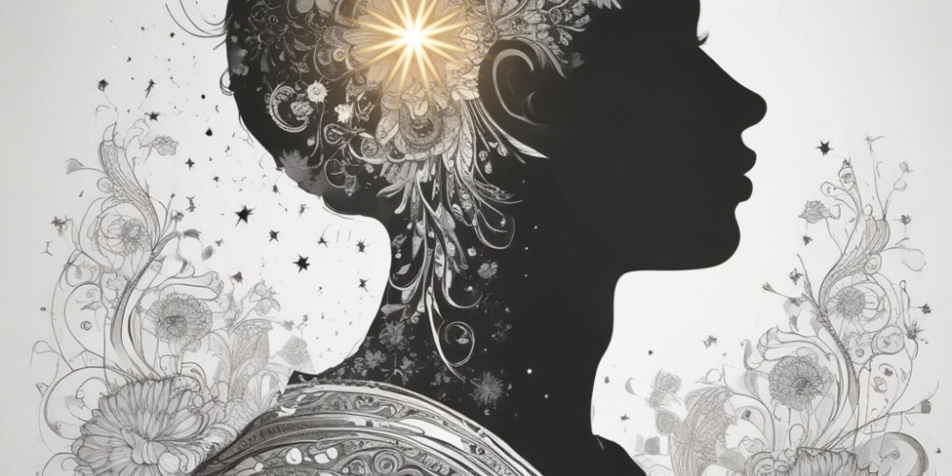 Die Silhouette einer Frau mit Kopf und Schultern, die mit komplizierten floralen und verschnörkelten Mustern übersät ist. Ein glühendes Licht strahlt von ihrem Kopf aus und symbolisiert Inspiration oder Kreativität. Im Hintergrund sind zarte, dekorative Blumenmuster zu sehen.