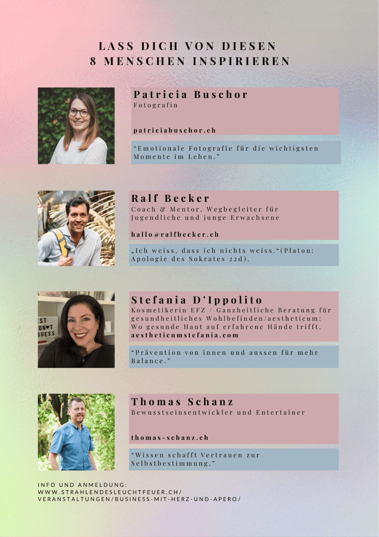 Ein Informationsposter stellt acht inspirierende Menschen vor, mit Kurzbiografien, Berufsbezeichnungen, Kontaktdaten und pastellfarbenen Abschnitten mit Porträts von Patricia Buschor, Ralf Becker, Stefania D'Ippolito und Thomas Schanz.