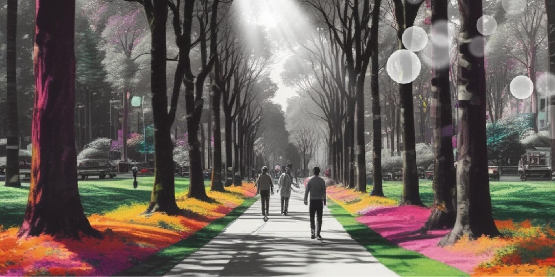 Menschen gehen einen von Bäumen gesäumten Weg entlang, der mit leuchtend rosa, orangefarbenem und grünem Laub bedeckt ist. Licht strömt durch die Bäume, und große durchsichtige Blasen schweben über der Szene und schaffen eine surreale Atmosphäre.