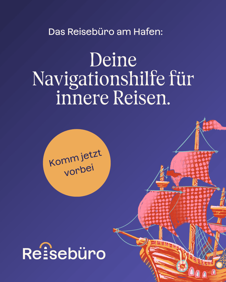 Abbildung eines roten Schiffes auf violettem Hintergrund mit deutschem Text: „Deine Navigationshilfe für innere Reisen“, „Das Reisebüro am Hafen“ sowie einem gelben Kreis mit der Aufschrift „Komm jetzt vorbei“.