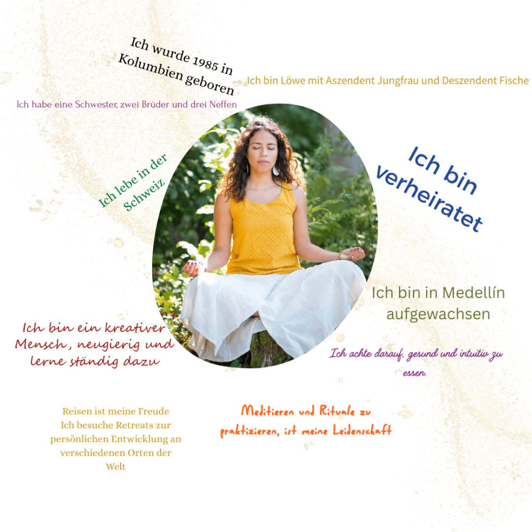 Eine Frau in einem gelben Oberteil meditiert im Freien. Um sie herum beschreiben deutsche Sätze ihre Interessen, ihren persönlichen Hintergrund, ihre Leidenschaft für Rituale, ihre Liebe zum Reisen, ihre Kreativität sowie die Tatsache, dass sie in Kolumbien geboren wurde und in der Schweiz lebt.