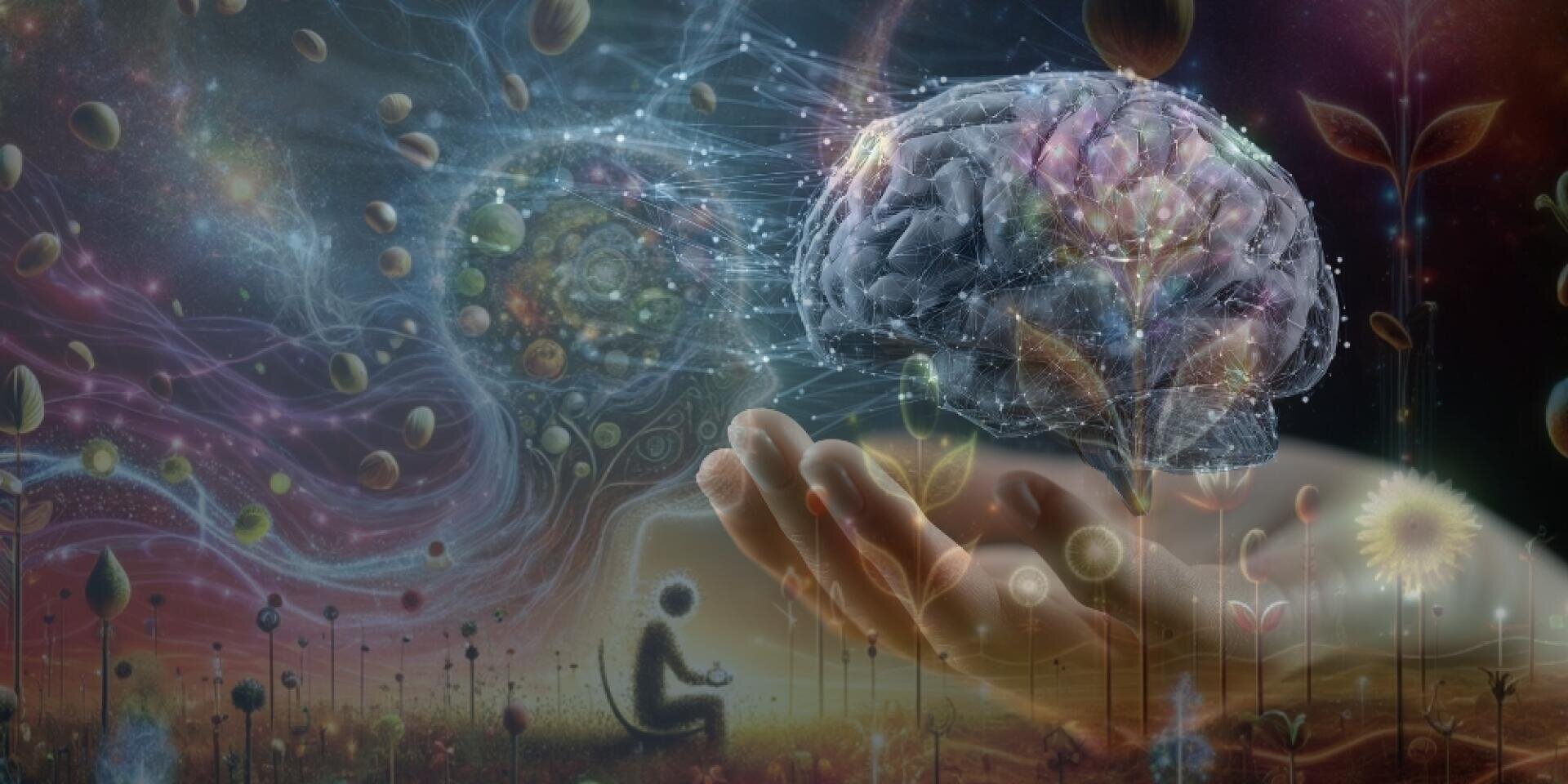 Eine digitale Illustration eines großen menschlichen Gehirns mit leuchtenden neuronalen Verbindungen wird über eine offene Hand gehalten. Im Hintergrund sind abstrakte Pflanzen, Samen und eine im Schneidersitz sitzende Person zu sehen, alles in einer kosmischen, traumhaften Landschaft.