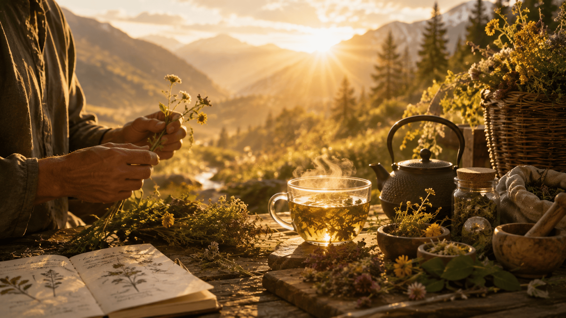 Eine Person bereitet bei Sonnenuntergang im Freien einen Kräutertee zu, umgeben von Wildblumen, einer Teekanne, einer Tasse Tee, einem Notizbuch und Bergen im Hintergrund.