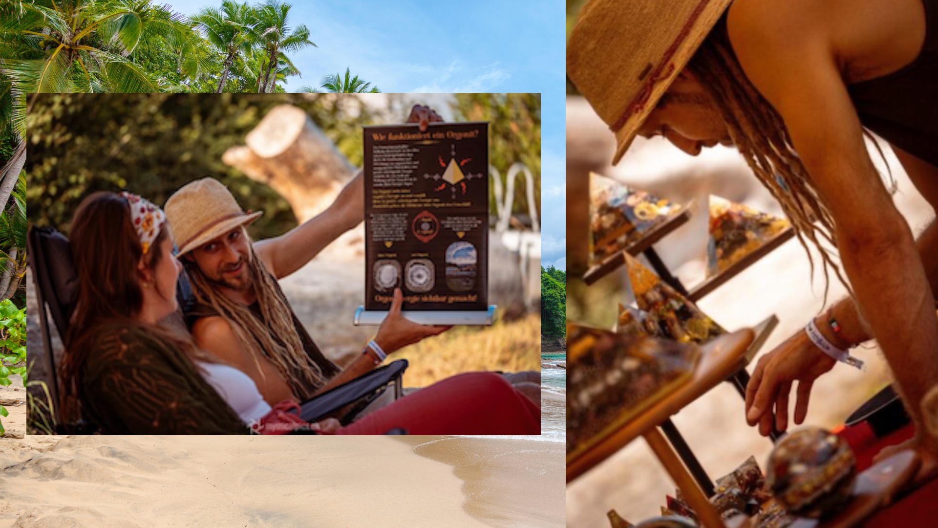Ein Mann mit langen Dreadlocks und einem Strohhut zeigt einer Frau im Freien eine Karte. In einer anderen Szene arrangiert er handgefertigte Gegenstände auf einem Ausstellungstisch, umgeben von tropischen Bäumen und einem Sandstrand.