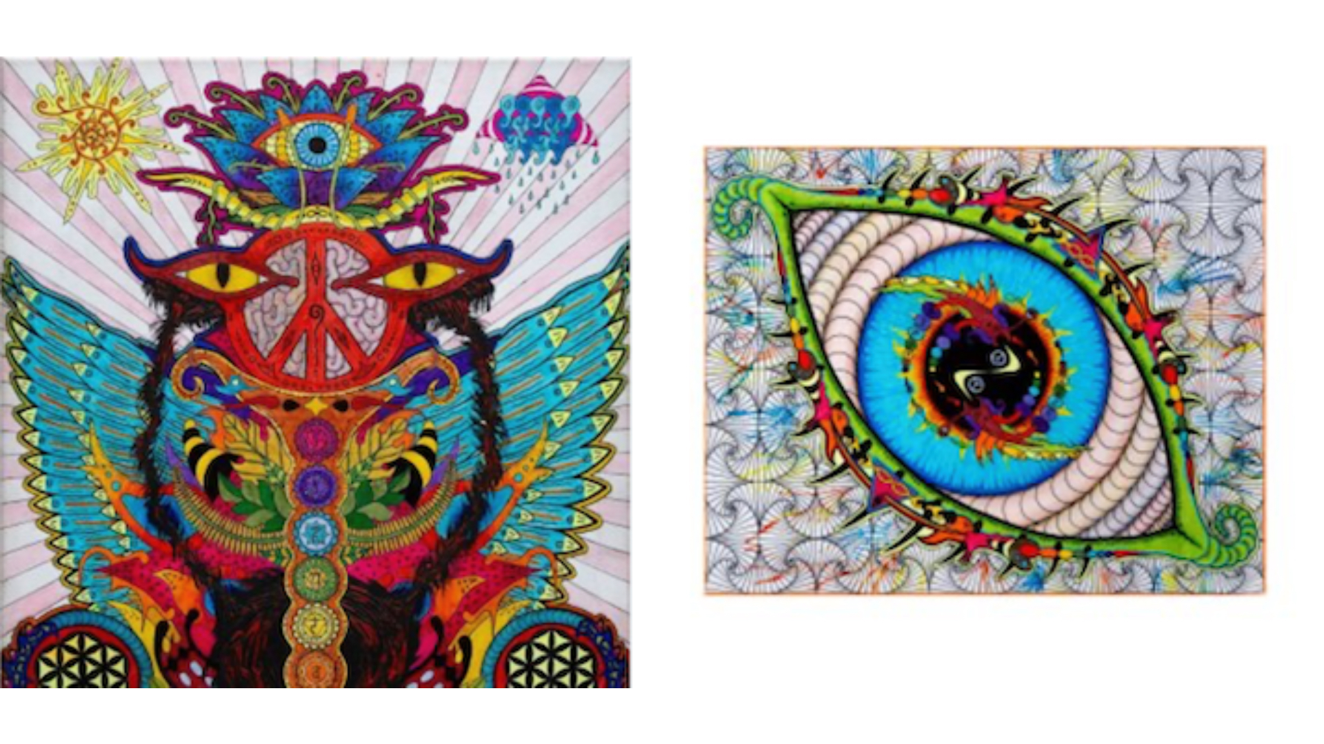 Zwei lebendige, psychedelische Kunstwerke: Das linke zeigt ein farbenfrohes, abstraktes Gesicht mit großen Augen, Mustern und Flügeln; das rechte zeigt ein großes, detailliertes Auge, das von wirbelnden, lebendigen Formen und verschlungenen Mustern umgeben ist.
