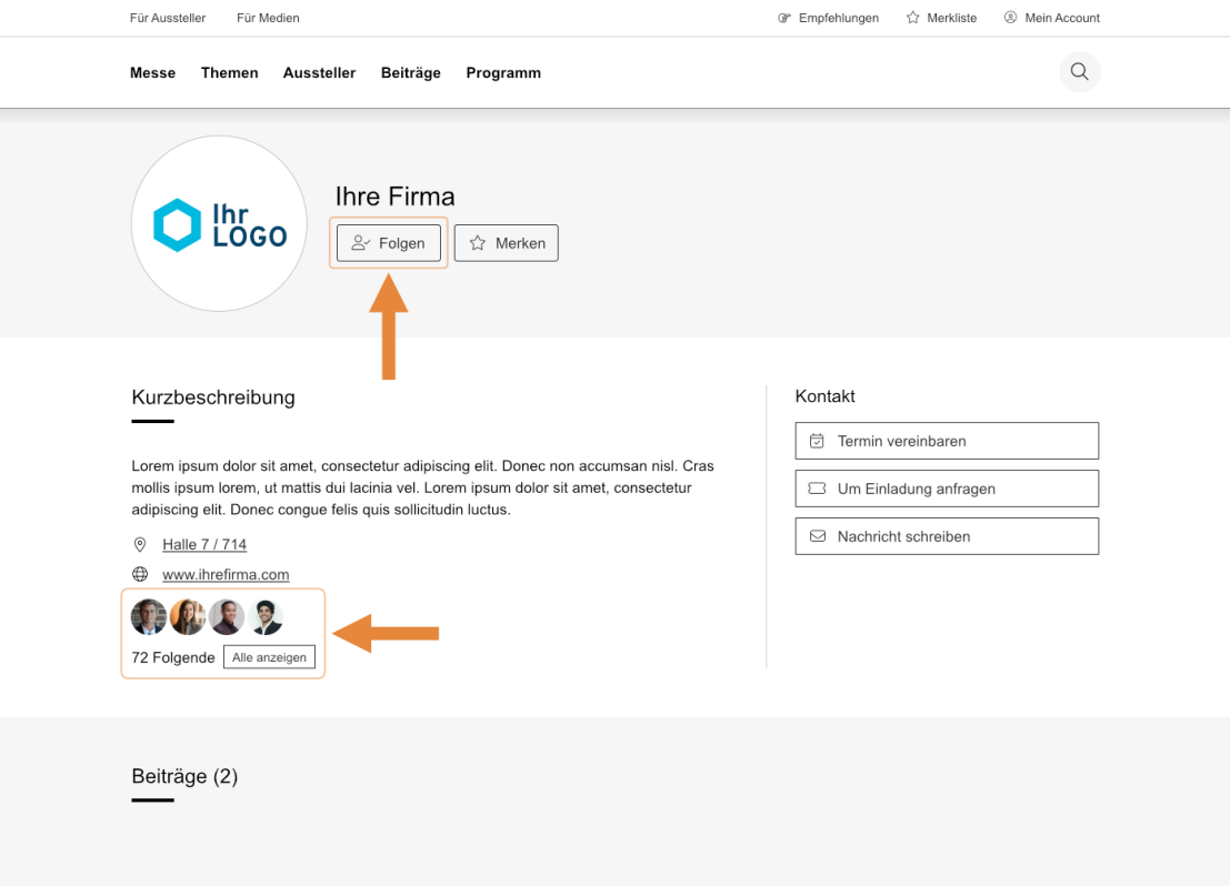 Screenshot einer Firmenprofilseite mit Logo, Firmenname, Schaltflächen mit der Aufschrift „Folgen“ und „Merken“, einer Kurzbeschreibung, Kontaktmöglichkeiten und Follower-Symbolen, die mit orangefarbenen Pfeilen hervorgehoben sind.