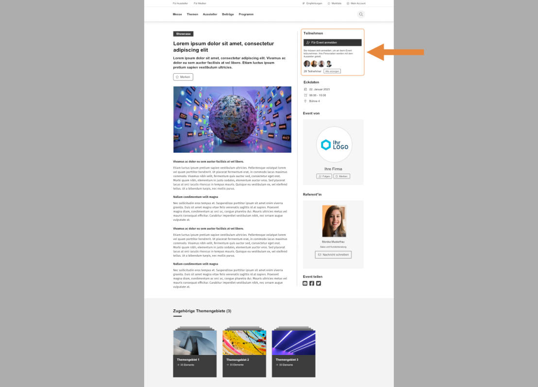 Eine Webseite mit einem Artikel, in dessen Mitte ein digitaler Globus abgebildet ist, der von Bildschirmen umgeben ist. Ein orangefarbener Pfeil verweist auf den Bereich rechts mit der Überschrift „Folgen Sie uns“ mit Social-Media-Symbolen und Profilfotos.