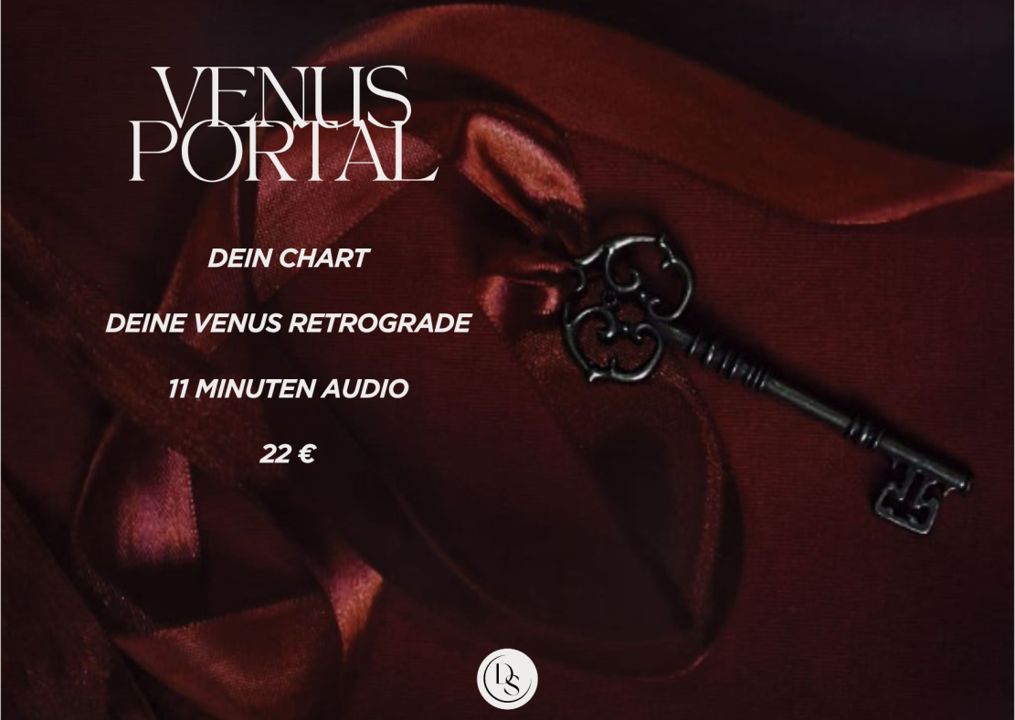 Werbegrafik mit dem Titel Venus Portal, auf der eine Tabelle, ein Audiobeitrag zum Thema Venus rückläufig und ein Preis von 22 Euro aufgeführt sind; darauf ist ein verzierter Schlüssel auf rotem Stoff abgebildet.