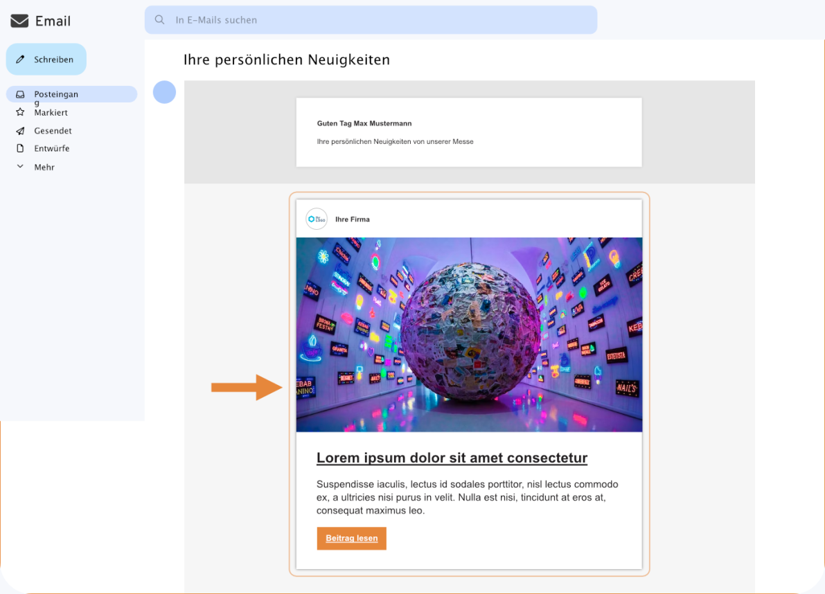 Ein Screenshot eines Posteingangs mit einer hervorgehobenen E-Mail. Die Vorschau zeigt eine große, kugelförmige Skulptur, die mit bunten Aufklebern bedeckt und von hellen Lichtern und digitalen Bildschirmen an den Wänden umgeben ist.