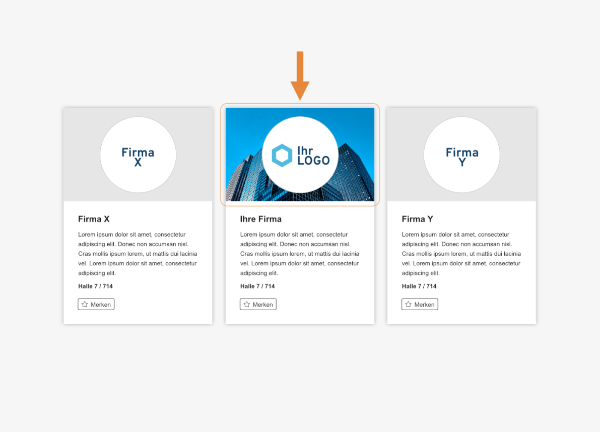 Vergleich dreier professioneller Visitenkarten. Die mittlere Karte, hervorgehoben durch einen orangefarbenen Pfeil und ein Logo auf blauem Grund, trägt den Namen „Ihre Firma“. Die Karten links und rechts tragen die Namen „Firma X“ und „Firma Y“.